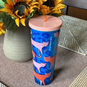 Starbucks Leopard Jungle Tumbler 24 oz Cold Cup Bright Blue & Coral Design